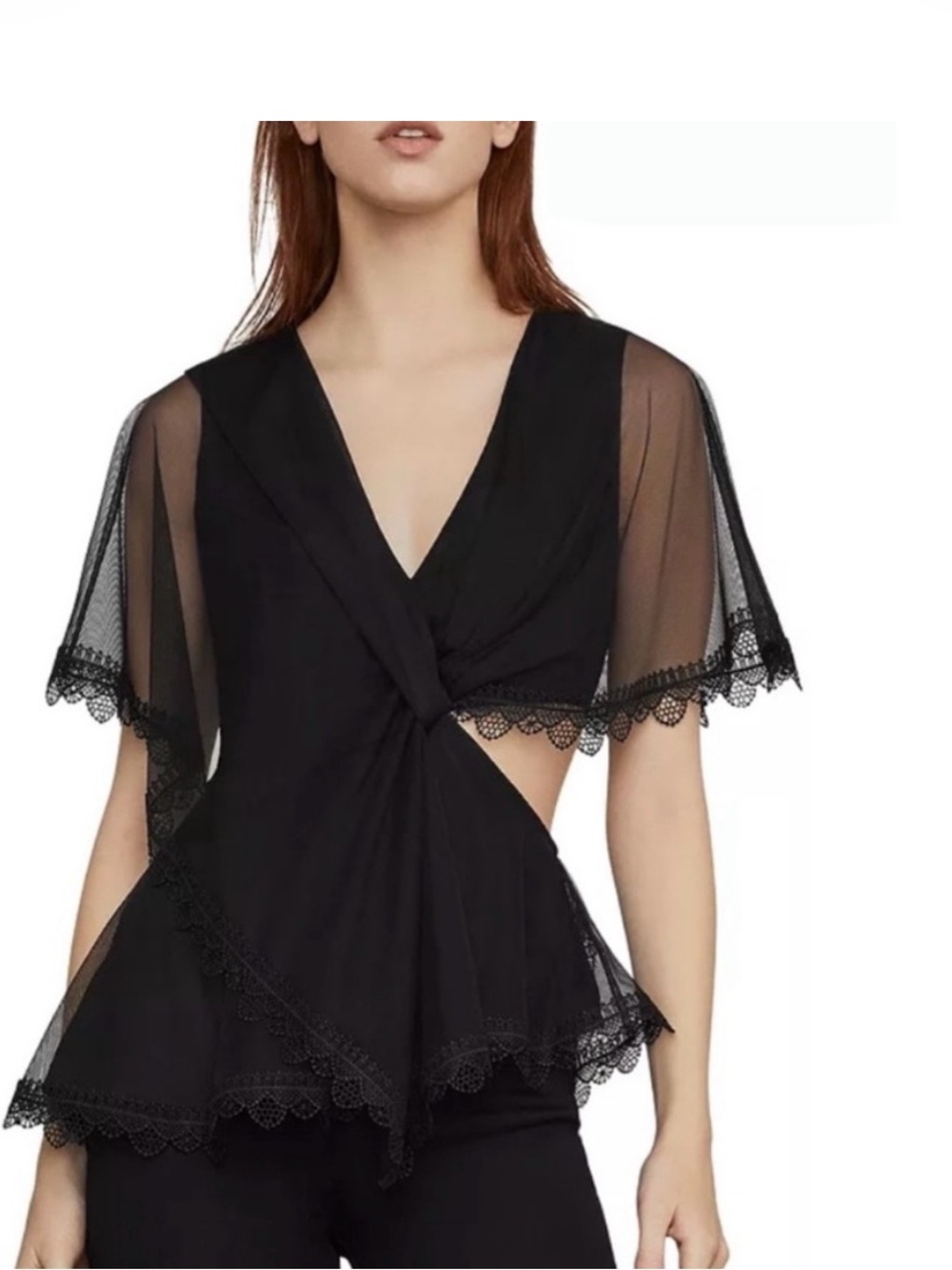 BCBGMaxAzria Black Sheer Lace-Trim Cut Out Blouse. Never worn